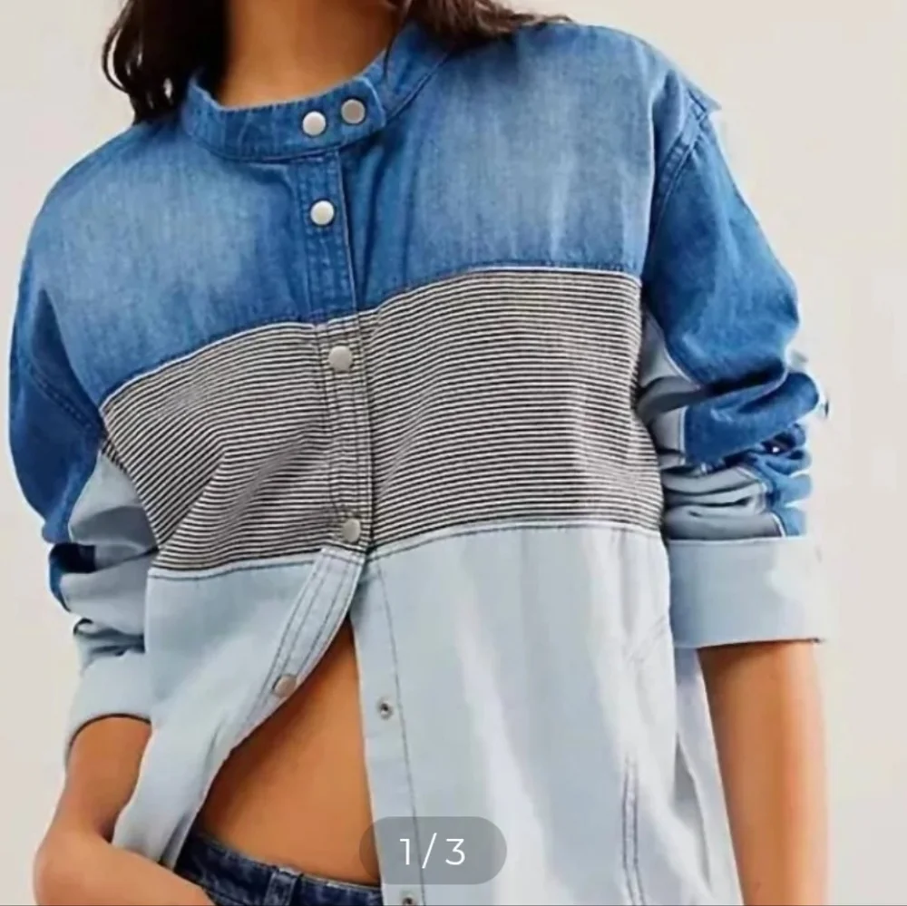 Free People Motto Color Block Shirt Blue Combo Size XL NWT